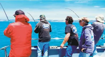  ?? Brian Murphy / Special to The Chronicle 2017 ?? The opening day of 2018’s sport salmon season outside the Golden Gate is June 17. Last year, these three anglers aboard the Wacky Jacky hooked up all at once for a bit of bedlam.