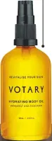  ??  ?? BLISSFUL BODY Some natural aromas are just so addictive! This new Votary Hydrating Body Oil,
£65 at libertylon­don.com, combines bergamot, mandarin and (my favourite) petitgrain essential oils in a peach oil base that absorbs super fast.
A great...