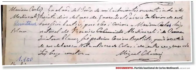  ?? ?? DOCUMENTO. Partida bautismal de Carlos Medinaceli. ARCHIVO SIHP