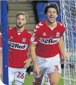  ??  ?? George Friend shows his delight at scoring th decisive goal