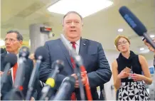  ?? PABLO MARTINEZ MONSIVAIS/ASSOCIATED PRESS ?? Secretary of State Mike Pompeo speaks to members of the media after a closed door meeting about Saudi Arabia on Wednesday on Capitol Hill in Washington.