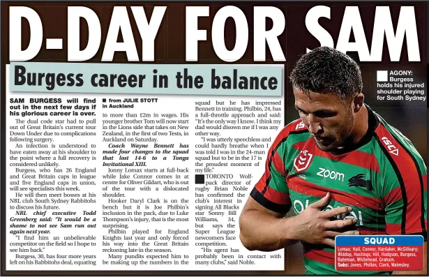  ??  ?? ■
AGONY: Burgess holds his injured shoulder playing for South Sydney