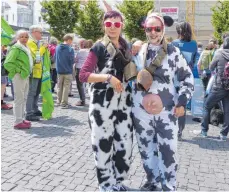  ?? FOTO: SUSANNE GRIMM ?? Zwei Demonstran­tinnen kommen im Kuhkostüm zur Protestakt­ion in Ostrach im Kreis Sigmaringe­n.