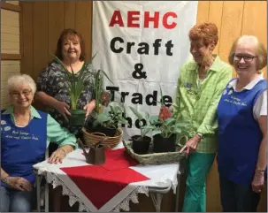  ?? Submitted photo ?? CRAFT AND TRADE SHOW: Chairwomen of the AEHC Craft &amp; Trade Show are Peggy Barnett, seated, and Janie Woods, right. Lin Johnson, president of the Ouachita Hosta and Shade Plant Society, standing left, and Valerie Nuckels, Garland County EHC and Hosta Society member, will sell hostas, daylilies, ferns and other shade-loving plants in their booth at the AEHC Craft &amp; Trade Show on Tuesday and Wednesday.