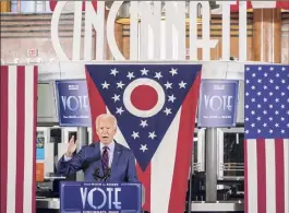  ?? Chang W. Lee / New York Times ?? Joe Biden addresses a campaign event on Monday in Cincinnati, Ohio. The Democratic presidenti­al nominee pledged, if elected, to create more union jobs once the pandemic is brought under control.