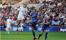  ?? Photograph: Tim Goode/PA ?? Rachel Daly heads England’s winner against Italy.