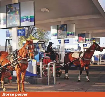  ?? Reuters ?? Horses pulling carts are seen at a fuel station after the owners checked tyre pressure on the carts in Soweto, Johannesbu­rg, South Africa, yesterday.
