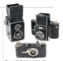  ??  ?? Three notable firsts: Leica I, first viable 35mm camera; original Rolleiflex, first compact roll film TLR; and Noviflex, first 6x6cm roll film SLR
