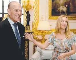  ??  ?? Left: Prince Philip and the Queen at Leicester Cathedral last month. Above: Joking with Kylie Minogue at the Australia-Britain Society a few weeks earlier. Below: His latest public engagement at Lord’s cricket ground on Wednesday.