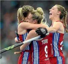  ?? GETTY IMAGES ?? Great Britain women’s hockey players celebrate a goal against New Zealand in June.