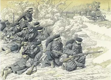  ?? Picture: DeAgostini/Getty ?? Japanese troops ambush a train on the Trans-Siberian Railway in Manchuria during the 1904-05 Russo-Japanese War.