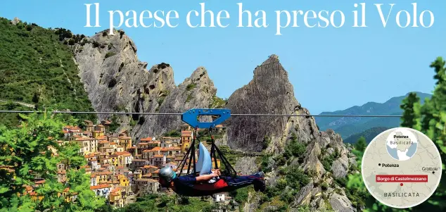  ??  ?? Attrazioni Sopra, l’arrivo a Castelmezz­ano del Volo dell’angelo col borgo sullo sfondo: una traversata di 1.500 metri a un’altezza massima di 600 metri dal suolo (foto di Lorenzo Palazzo). Tutte le altre immagini sono di Luca Bergamin