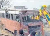  ?? SANJEEV KUMAR/HT ?? The private bus that skidded off the road and fell into a field near Jalalabad in Fazilka on Tuesday.