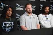  ?? (The Sentinel-Record/ Lance Brownfield) ?? From left, National Park College’s Ja’Bryant Hill, head coach Dillon Hargrove, and Nakavieon White discuss their end-ofseason honors this week on campus.