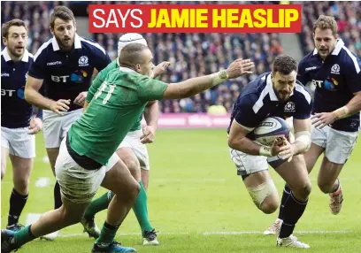  ??  ?? Box of tricks: Scotland’s lineout fooled Ireland to allow Alex Dunbar to cross the line in the 27-22 victory in 2017 SAYS JAMIE HEASLIP