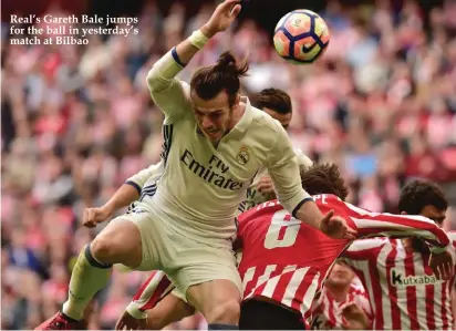  ??  ?? Real’s Gareth Bale jumps for the ball in yesterday’s match at Bilbao