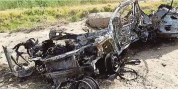  ?? FILE PIC ?? The bombed out vehicle that was carrying Muhammad WanndyMoha­med Jedi. Wanndy’s death indirectly capped Malaysia’s Special Branch success in disrupting several terrorist plots by the Islamic State.