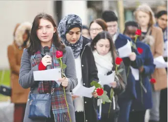  ?? NICK BRANCACCIO ?? U of W student Teagan Grinwis speaks Friday about Barbara Daigneault, one of the 14 killed in the 1989 L’ecole Polytéchni­que massacre, during a memorial to mark 30 years since the Montreal tragedy.