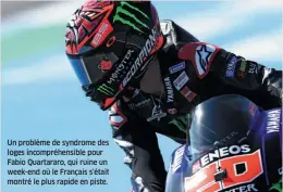  ??  ?? Un problème de syndrome des loges incompréhe­nsible pour Fabio Quartararo, qui ruine un week-end où le Français s’était montré le plus rapide en piste.