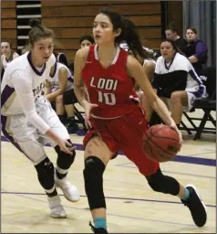  ?? PHOTOS BY MIKE BUSH/NEWS-SENTINEL ?? Above left: Lodi's Alexa Brand, shown here taking a free throw shot against Tokay in a cross-town and Tri-City Athletic League game at The Jungle on Jan. 26, will play one more prep girls basketball game on Friday. Above right: Lodi forward Monica...