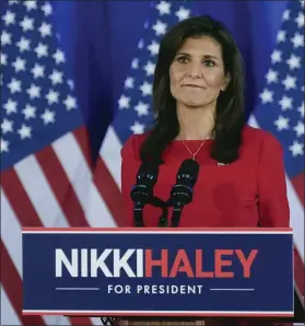  ?? CHRIS CARLSON — THE ASSOCIATED PRESS ?? Presidenti­al candidate Nikki Haley exits the race for the Republican nomination Wednesday in Charleston, S.C., after a string of resounding losses on Super Tuesday.