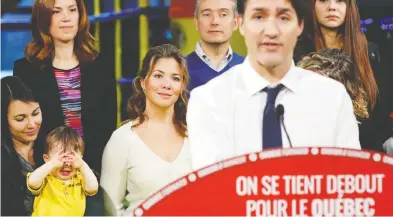  ?? STEPHANE MAHE / REUTERS ?? Liberal Leader Justin Trudeau and his wife Sophie Grégoire Trudeau in Trois-Rivières on Thursday.
For all the lofty rhetoric, John Ivison writes, we Canadians still do not know who our prime minister really is.