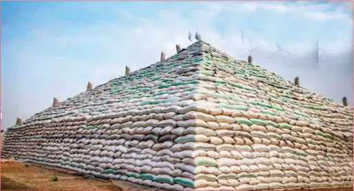  ?? ?? One of the rice pyramids unveiled in Abuja last week