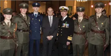  ??  ?? 2nd Lieutenant­s Ashleigh Weadick, John Moore and Richard Cleary with Vice Admiral Mark Mellett, Minister Paul Kehoe, 2nd Lieutenant Arran Davies and Lieutenant Bryan Dwyer at the ceremony.