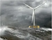  ?? ?? A battery of wind turbines – such as this simulated one – are due to be establishe­d off Waikato’s wild west coast, with an initial set fixed to the sea floor, while other ‘‘floaters’’ would be tethered to the bottom by long lines.
