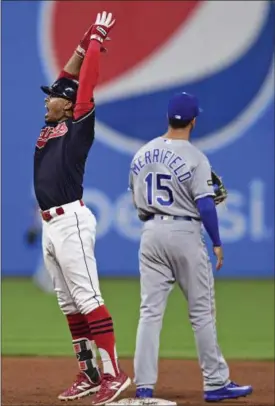  ?? DAVID DERMER — ASSOCIATED PRESS ?? The Indians’ Francisco Lindor celebrates after hitting an RBI double in the ninth inning Sept. 14 at Progressiv­e Field. The Indians won, 3-2, in 10 innings.