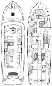  ??  ?? LOA: 57’ 5” BEAM: 17’ 2” DRAFT: 4’ 10” DISPL: 93,000 lbs. FUEL: 1,000 gals. WATER: 300 gals. SLOW CRUISE: 7.5 kn FAST CRUISE: 12 kn POWER: 2x CAT C9 ACERT @ 503 BHP