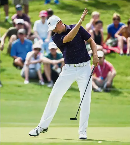  ?? — AP ?? Darn it!: Jordan Spieth reacts after missing a putt on the second green during the first round of the Byron Nelson Championsh­ip at the Four Seasons Resort in Irving on Thursday.