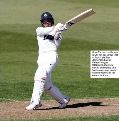  ??  ?? Kiran Carlson on his way to 127 not out in the first innings; right top, Glamorgan bowler Michael Hogan celebrates a Sussex wicket, and below, Ollie Robinson enjoys one of his nine wickets in the second innings.