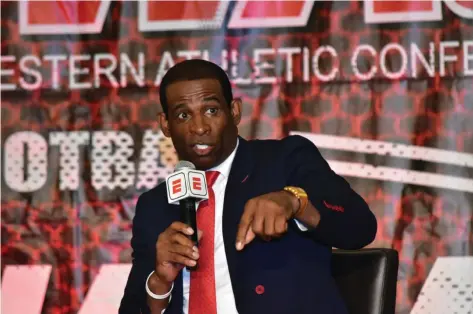  ?? (Pine Bluff Commercial/I.C. Murrell) ?? Jackson State University Coach Deion Sanders speaks during SWAC Media Day on Thursday in Birmingham, Ala.