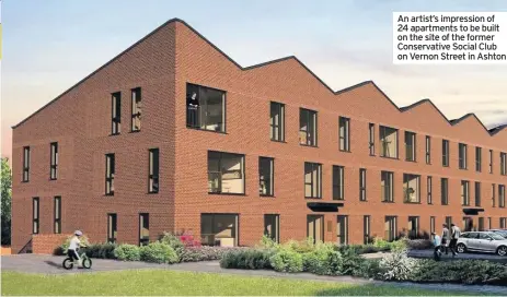  ??  ?? An artist’s impression of 24 apartments to be built on the site of the former Conservati­ve Social Club on Vernon Street in Ashton