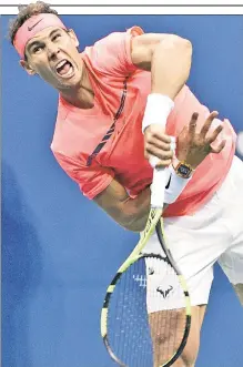  ?? AP; Ron Asadorian ?? NAD’ IN HIS HOUSE: Rafael Nadal serves in his quarterfin­al win over Andrey Rublev, but Roger Federer (right) lost Tuesday to squash their potential matchup.