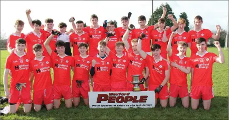  ??  ?? Ballinastr­agh Gaels celebrate after capturing the Wexford People Minor football Roinn 1 championsh­ip title on Saturday.