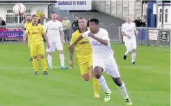  ??  ?? Action from Shepshed Dynamo’s 1-0 win in the FA Cup over Rainworth MW. Picture by Alan Gibson