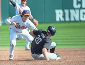  ?? MCKENZIE LANGE/ STAFF ?? Clemson senior Blake Wright(8) tags out South Carolina sophomore Ethan Petry (20) in March.