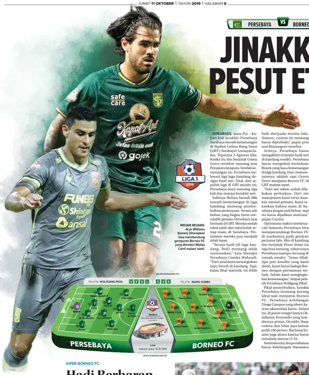  ?? ANGGER BONDAN/JAWA POS Stadion GRAFIS: BOEDIONO/JAWA POS ?? 33 REDAM REVANS: Aryn Williams (kanan) diharapkan bisa membendung gempuran Borneo FC yang dimotori Matias Conti malam nanti. 31