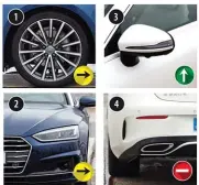  ??  ?? 1.- Estas llantas del A5 van asociadas a la línea de equipamien­to S Line.
2.- Los faros de led del Audi cuestan 1.455 euros; en el Clase E son de serie.
3.- Los retrovisor­es del Clase E tienen plegado eléctrico -585 e en el A5-.
4.- Las salidas de...