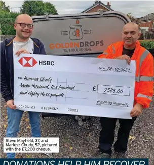  ?? ?? Steve Mayfield, 37, and Mariusz Chudy, 52, pictured with the £7,200 cheque.