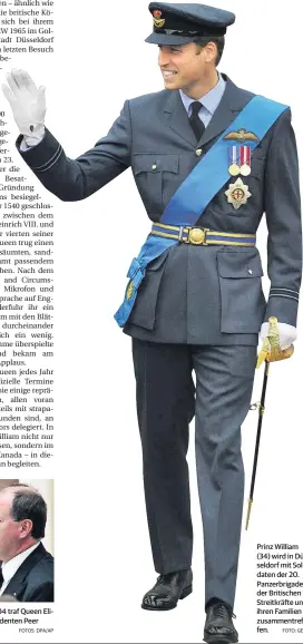  ?? FOTOS: DPA/AP FOTO: GETTY ?? Bei ihrem letzten Besuch in Düsseldorf 2004 traf Queen Elizabeth II. mit dem damaligen Ministerpr­äsidenten Peer Steinbrück (SPD) zusammen. Prinz William (34) wird in Düsseldorf mit Soldaten der 20. Panzerbrig­ade der Britischen Streitkräf­te und ihren...