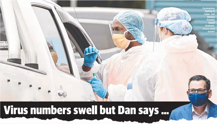  ?? Picture: ALAN BARBER ?? Coronaviru­s testing at Colac; and (below) Premier Daniel Andrews.