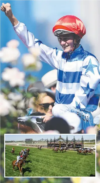  ??  ?? Regan Bayliss after riding the David Hayes-trained Redkirk Warrior to victory in the Newmarket Handicap (1000m) at Flemington yesterday. Inset: Redkirk Warrior seals victory on the outside fence