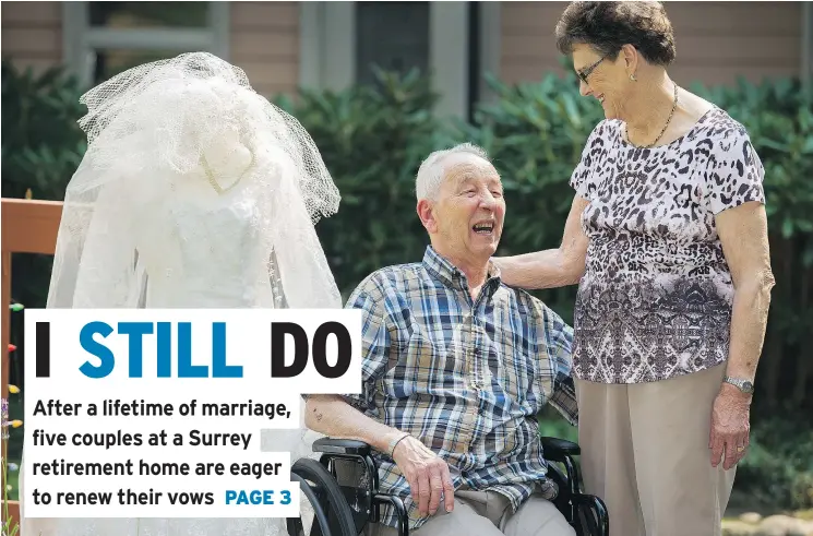  ?? GERRY KAHRMANN/PNG ?? Henry and Sheila Rathler pose with Sheila’s wedding dress from 59 years ago as they prepare to renew their vows Friday at the Fleetwood Villa Retirement Residence.