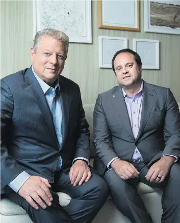  ?? NATHAN DENETTE/THE CANADIAN PRESS ?? Former U.S. vice-president Al Gore, left, seen with film backer and philanthro­pist Jeff Skoll, hopes to inspire audiences with his new documentar­y, An Inconvenie­nt Sequel: Truth to Power, a followup to his 2006 film, An Inconvenie­nt Truth.