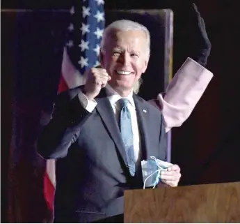  ?? ROBERTO SCHMIDT/AFP VIA GETTY IMAGES ?? Former Vice President Joe Biden speaks early Wednesday in Wilmington, Delaware.