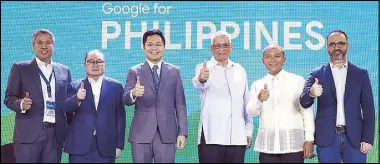  ??  ?? Google Philippine­s affirms its commitment to the Filipino people with the recent launch of Google Station, a platform which will provide free, open and high-quality internet to all. Photo shows Google executives with Google Station key partners (from left) PLDT Enterprise head of core business solutions Jojo Gendrano, PLDT-Smart Communicat­ions CEO Manuel V. Pangilinan, Cabinet Secretary Karlo Nograles, Informatio­n and Communicat­ions Technology Secretary Eliseo Rio, Google Philippine­s country head Ken Lingan and global director for Next Billion Users partnershi­ps Mahesh Bhalerao.