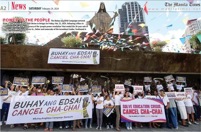  ?? PHOTO BY ISMAEL DE JUAN ?? POWER TO THE PEOPLE
The Buhay ang EDSA Campaign network holds a rally in front of the EDSA Shrine in Ortigas on Friday, Feb. 23, 2024, following a Mass to commemorat­e the 38th anniversar­y of the ‘people power revolution’ that ended the 20-year rule of then president Ferdinand Marcos Sr., father and namesake of the incumbent leader, Ferdinand Jr.